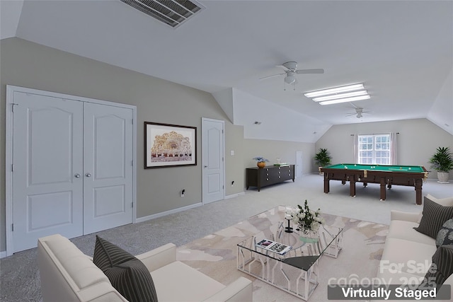 playroom with ceiling fan, light colored carpet, billiards, and vaulted ceiling