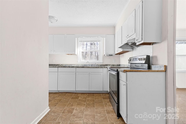 kitchen featuring white cabinets, a textured ceiling, sink, and stainless steel electric range