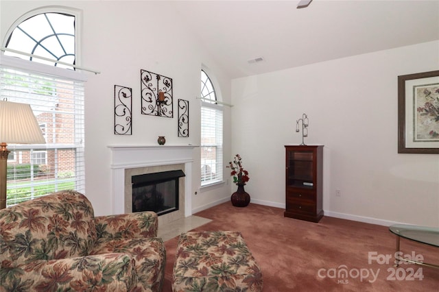 carpeted living room with a wealth of natural light and a tiled fireplace