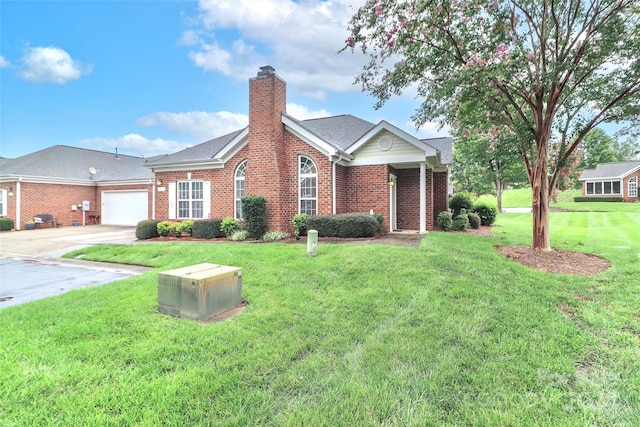 ranch-style home featuring a garage and a front yard