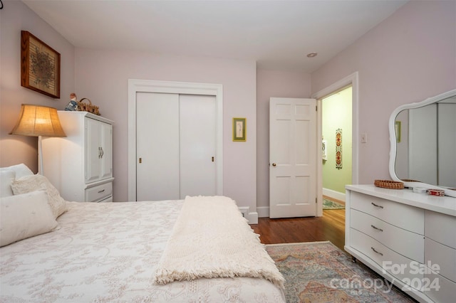 bedroom with dark hardwood / wood-style flooring and a closet