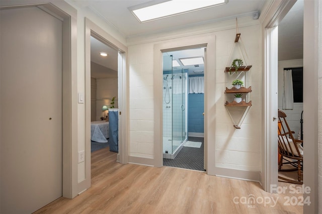 doorway to outside featuring ornamental molding and light hardwood / wood-style floors