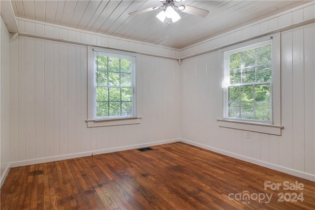 spare room featuring wooden ceiling, hardwood / wood-style flooring, wood walls, and ceiling fan