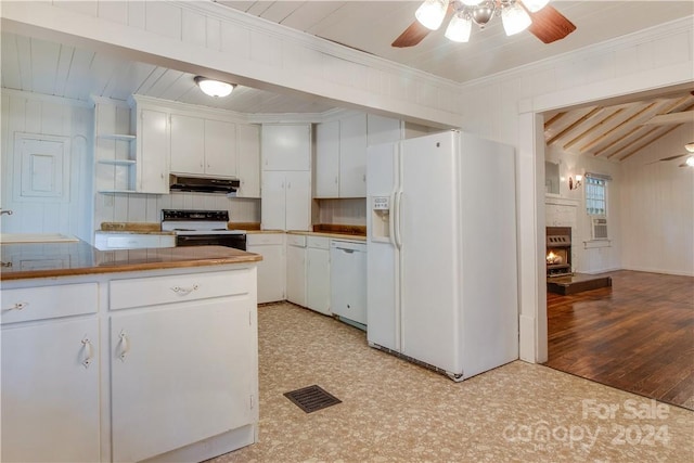 kitchen with white cabinets, a fireplace, light wood-type flooring, white appliances, and ceiling fan