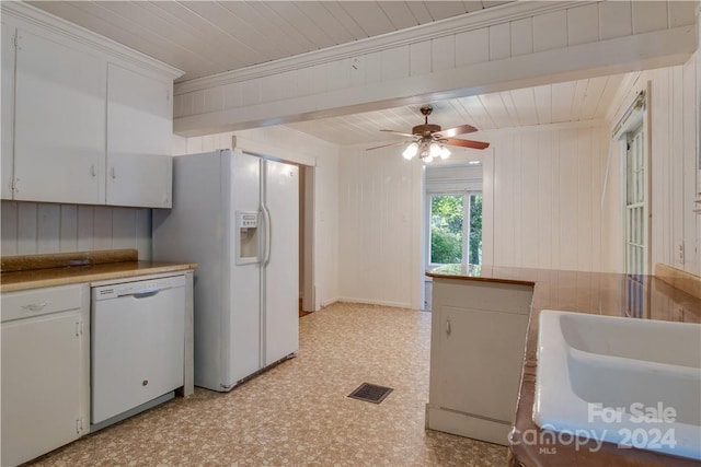 kitchen with wooden ceiling, white cabinets, white appliances, and ceiling fan