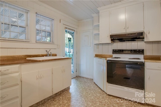 kitchen with white cabinets, electric range, ornamental molding, and sink