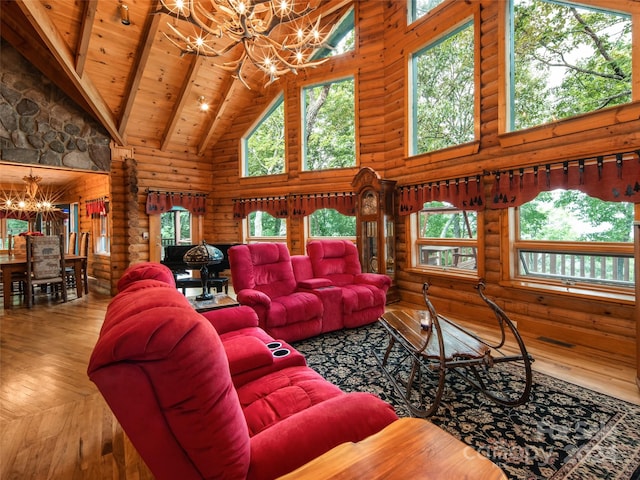 living room with beam ceiling, wooden ceiling, high vaulted ceiling, and a notable chandelier