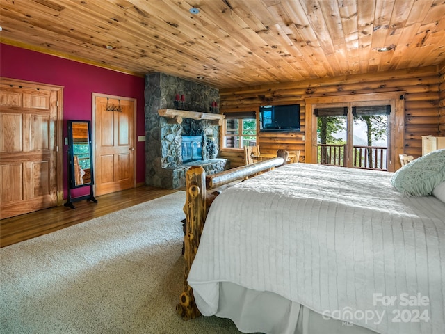 bedroom with access to outside, log walls, wood ceiling, and hardwood / wood-style flooring