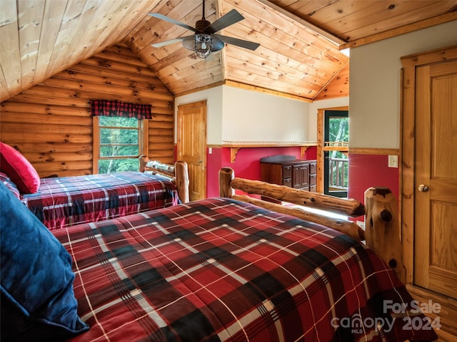 bedroom featuring ceiling fan, log walls, wooden ceiling, and lofted ceiling