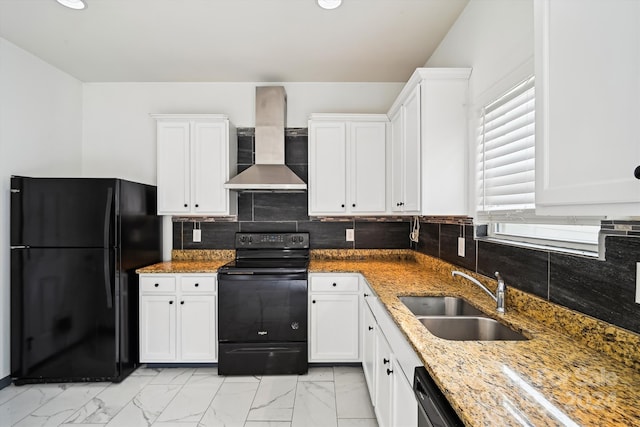 kitchen with black appliances, sink, stone countertops, light tile patterned flooring, and wall chimney exhaust hood