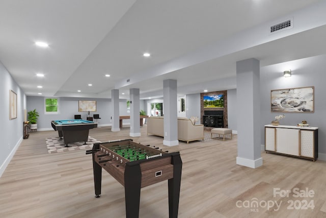 recreation room featuring pool table, ornate columns, and light hardwood / wood-style floors