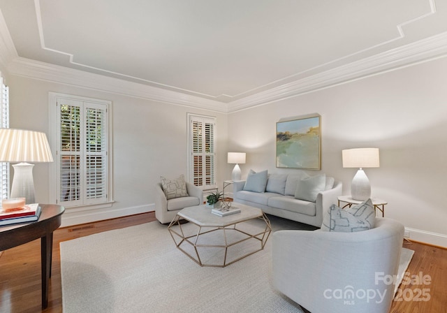 4301 Fairview Oaks Dr, Charlotte, NC 28211 - living room with wood finished floors, baseboards, and crown molding