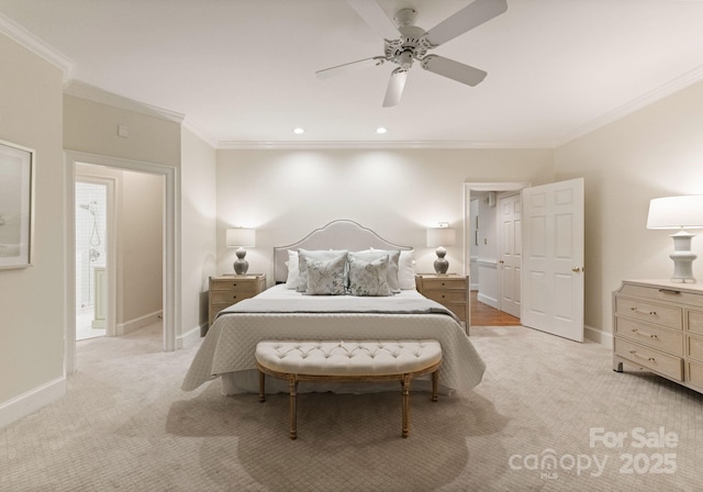 4301 Fairview Oaks Dr, Charlotte, NC 28211 - bedroom with ornamental molding, light colored carpet, baseboards, ceiling fan, and recessed lighting