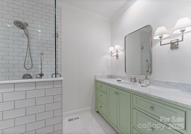 4301 Fairview Oaks Dr, Charlotte, NC 28211 - bathroom with a tile shower, vanity, crown molding, and tile patterned floors