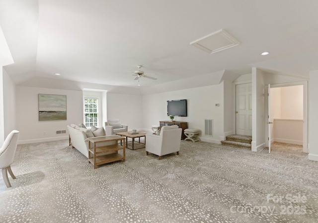 4301 Fairview Oaks Dr, Charlotte, NC 28211 - carpeted living area with attic access, lofted ceiling, recessed lighting, baseboards, and ceiling fan