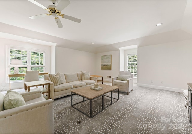 4301 Fairview Oaks Dr, Charlotte, NC 28211 - living area with baseboards, carpet flooring, recessed lighting, and ceiling fan