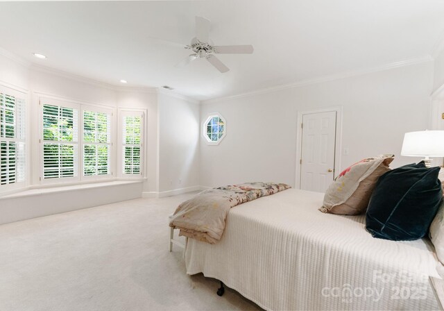 4301 Fairview Oaks Dr, Charlotte, NC 28211 - bedroom with ornamental molding, light colored carpet, a ceiling fan, and recessed lighting