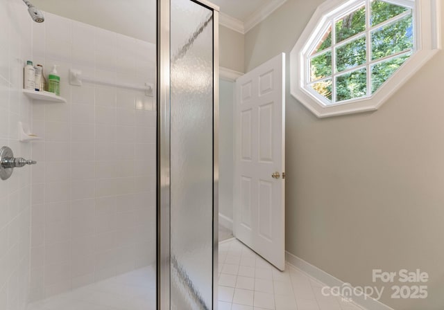 4301 Fairview Oaks Dr, Charlotte, NC 28211 - full bath featuring crown molding, a stall shower, and tile patterned floors