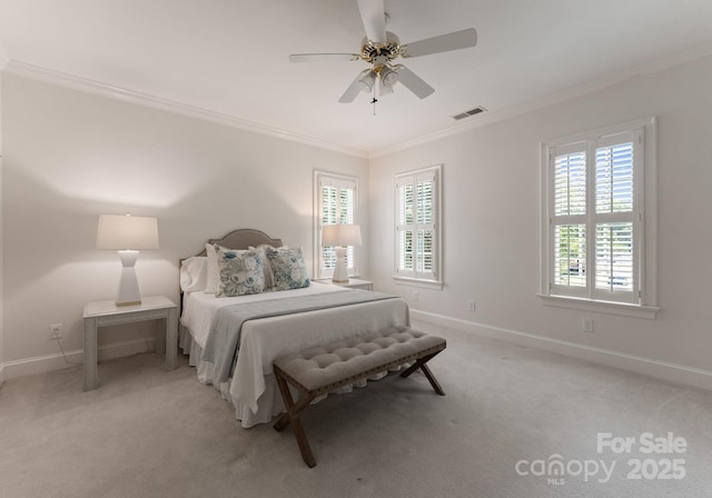 4301 Fairview Oaks Dr, Charlotte, NC 28211 - bedroom with ornamental molding, baseboards, multiple windows, light carpet, and a ceiling fan