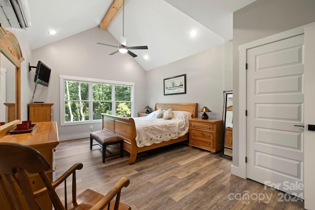 bedroom with ceiling fan, an AC wall unit, high vaulted ceiling, beam ceiling, and hardwood / wood-style flooring