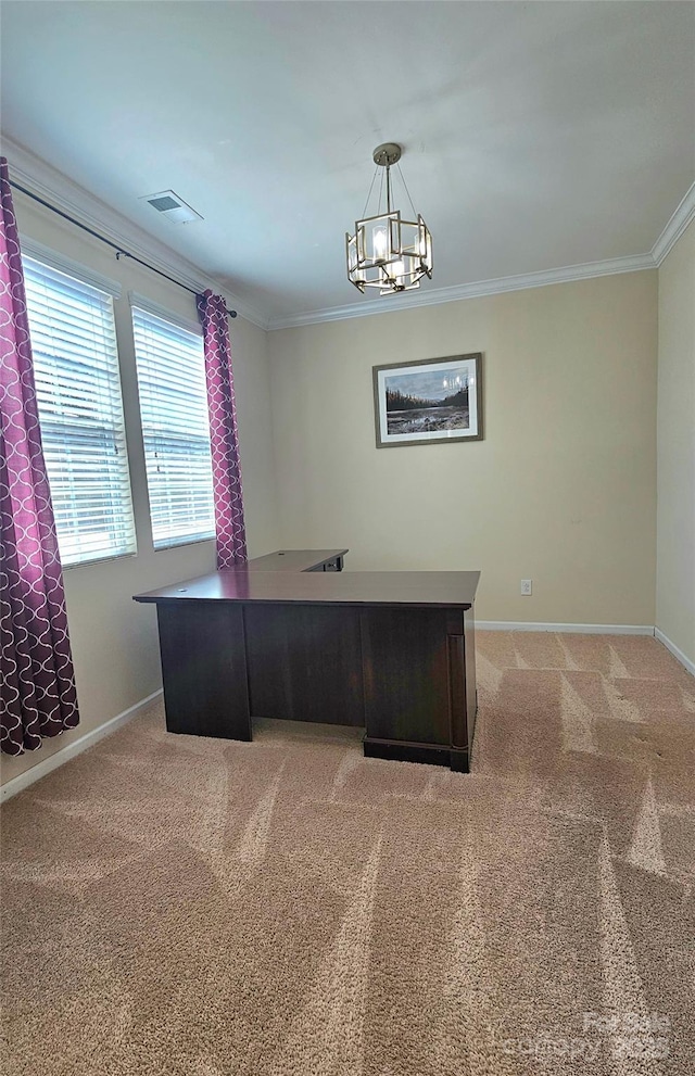 office area with baseboards, a notable chandelier, ornamental molding, and visible vents