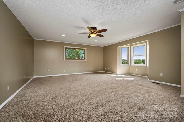 spare room with ceiling fan, ornamental molding, a textured ceiling, and carpet flooring