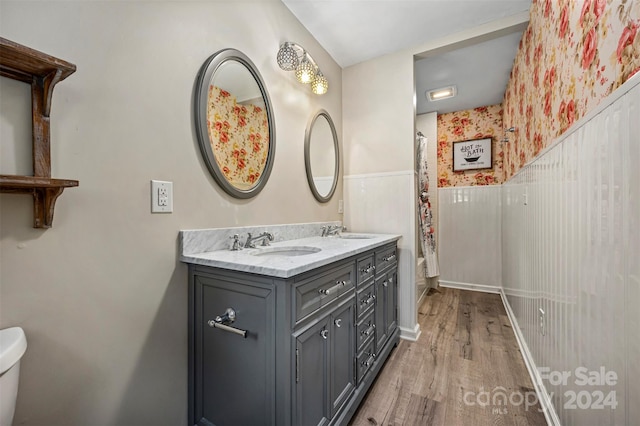 bathroom with wood-type flooring, toilet, and double vanity