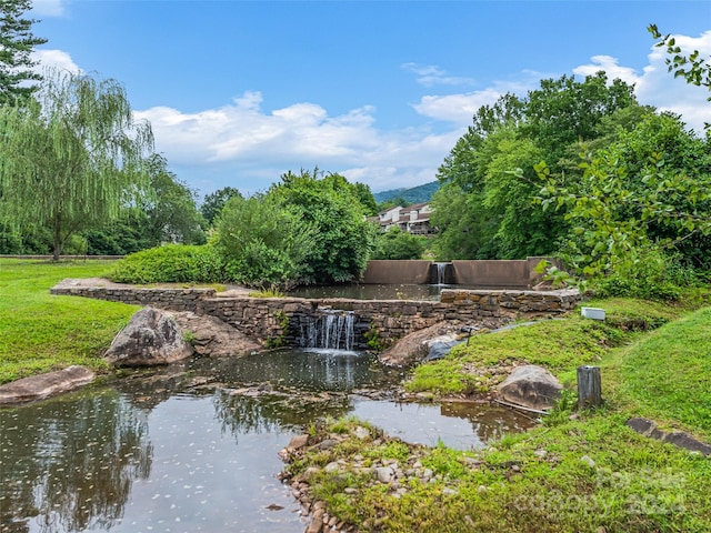 view of property's community with a garden pond