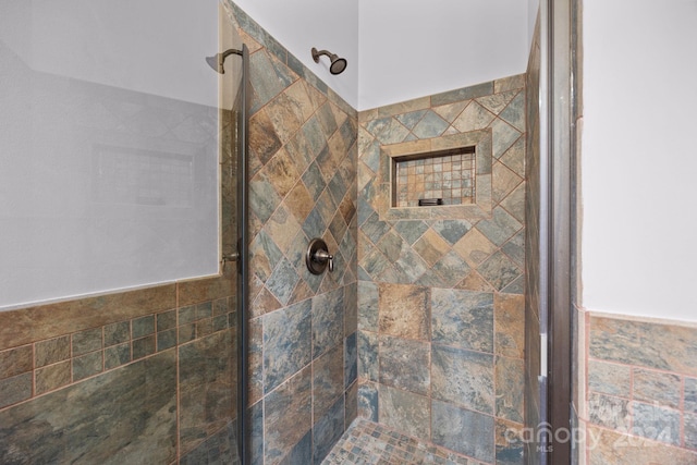 bathroom featuring a shower with shower door and tile walls