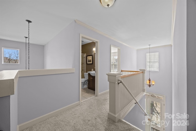 corridor with light colored carpet and ornamental molding