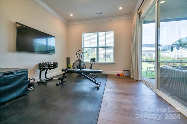 exercise room with wood-type flooring and crown molding