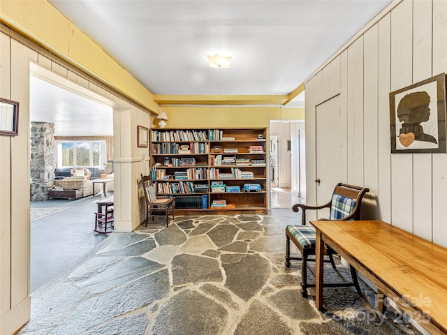 living area with wood walls