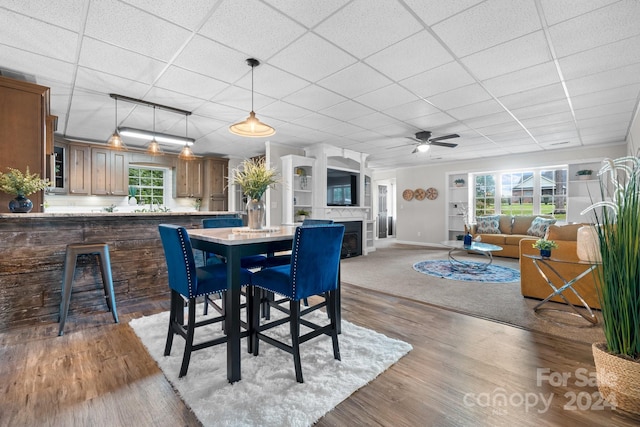 dining space with ceiling fan, hardwood / wood-style flooring, and a paneled ceiling