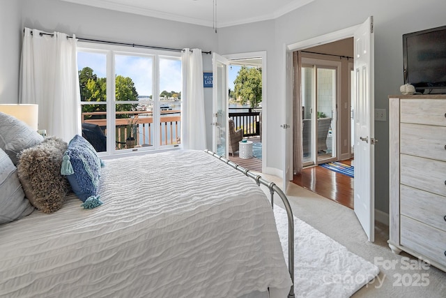 bedroom featuring access to exterior, light colored carpet, and ornamental molding