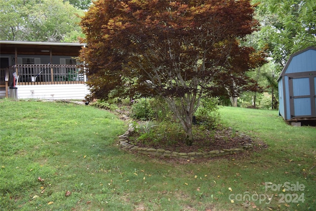 view of yard featuring a storage unit