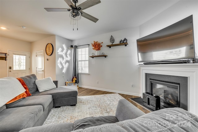 living room featuring ceiling fan and hardwood / wood-style flooring