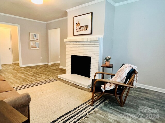 living room with a fireplace, hardwood / wood-style floors, and crown molding