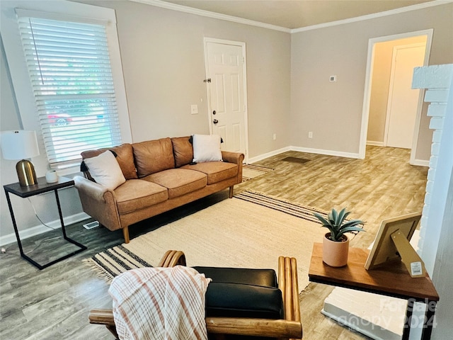 living room with ornamental molding and wood-type flooring