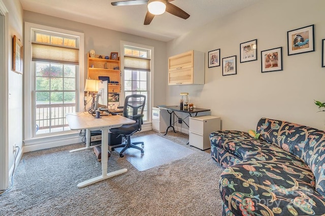 carpeted office with ceiling fan