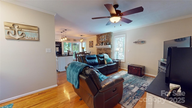 living room with ceiling fan, light hardwood / wood-style floors, crown molding, and a fireplace