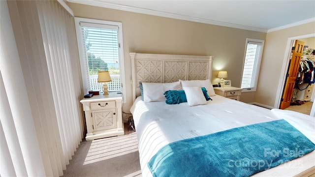 bedroom with light colored carpet, crown molding, multiple windows, a walk in closet, and a closet