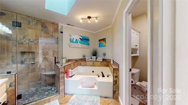 bathroom with toilet, ornamental molding, a skylight, and plus walk in shower