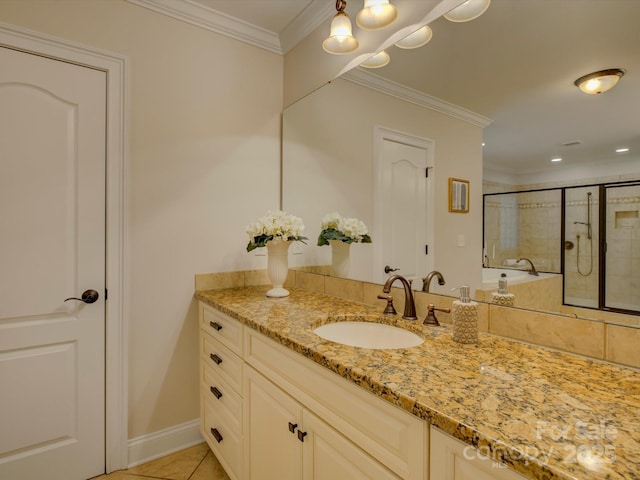 bathroom featuring vanity, tile patterned floors, walk in shower, and ornamental molding