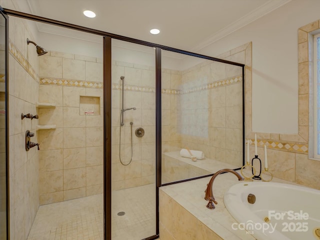 bathroom with crown molding and independent shower and bath