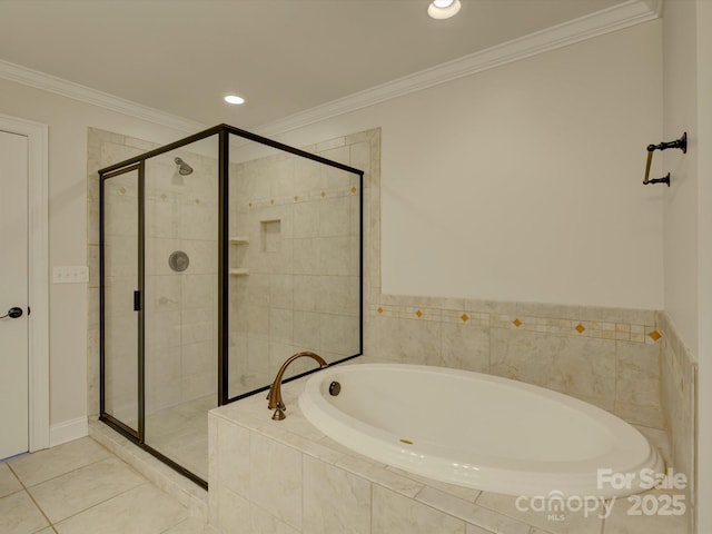 bathroom featuring tile patterned floors, ornamental molding, and shower with separate bathtub