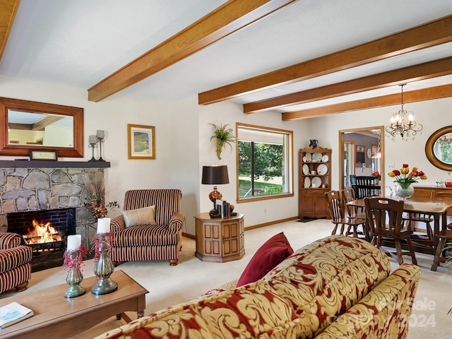 carpeted living room with a fireplace, an inviting chandelier, and beam ceiling