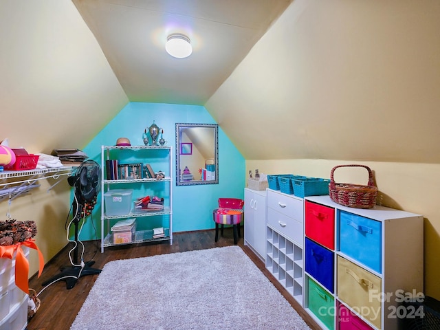 recreation room featuring dark wood-type flooring and lofted ceiling