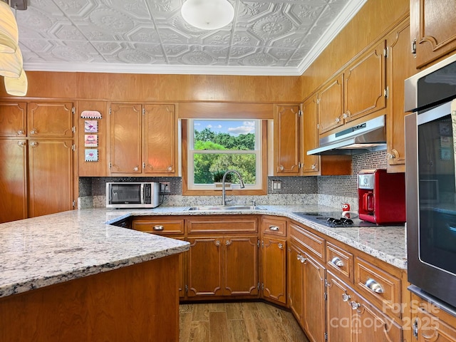 kitchen with an ornate ceiling, appliances with stainless steel finishes, under cabinet range hood, and a sink