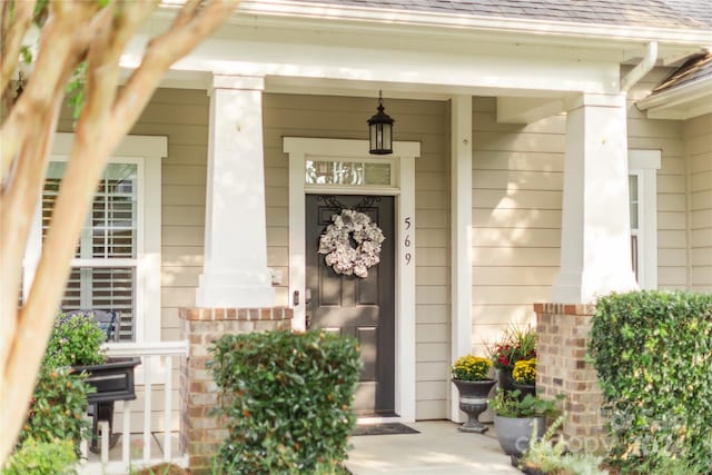 entrance to property with covered porch and roof with shingles