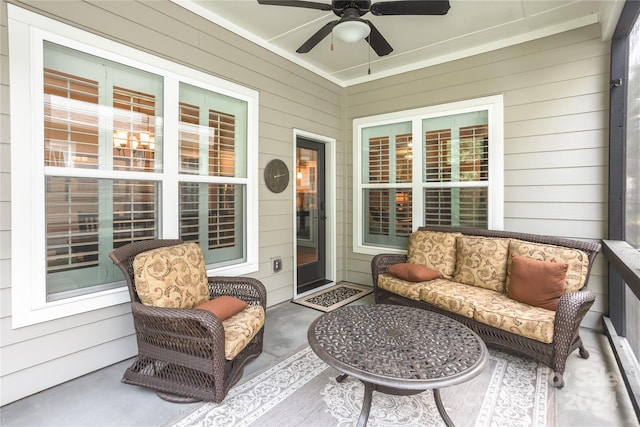 exterior space with an outdoor living space and ceiling fan